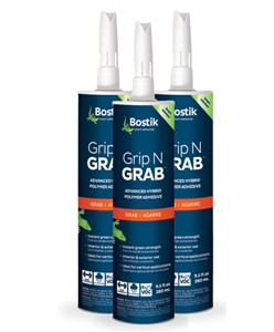 Bostik’s Grip N Grab is an instant grab adhesive, based on advanced hybrid polymer technology, specifically designed to decrease installation time of vertical applications. Grip N Grab high initial bond strength provides the ability to grab heavy materials quickly without slippage, eliminating the need for secondary support on majority of applications.

Grip N Grab cures under the influence of humidity to form a durable elastic rubber, that bonds to most building materials in a variety of applications. This 100% waterproof, low odor formula is designed for both interior and exterior projects. Grip N Grab is solvent free, has a quick cure time, and can even be used on damp or wet surfaces.