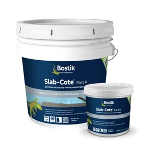 Bostik Slab-Cote  Extreme Moisture Vapor Barrier Coating is a single coat, two-component, 100% solids, epoxy formulated to dramatically reduce moisture vapor transmission and surface alkalinity from substrates. Slab-Cote passes ASTM F 3010-13, moisture mitigation system for use under resilient flooring. It has 0 VOC&#39;s (as calculated per SCAQMD Rule 1168), low odor and is solvent-free. Slab-Cote&#39;s unique formulation displays a gel-like end of pot life indicator. Material left to cure in the pail will get hot, but will not smoke excessively.