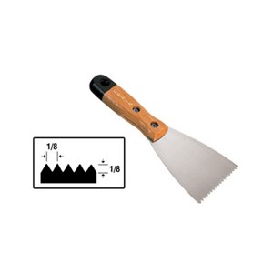 3&quot; wide spreader used for spreading base adhesive across the back of 4&quot; wide vinyl or rubber cove base. Features a polished stainless steel blade and an attractive lacquered wood handle. The blade has 1/8&quot; x 1/8&quot; V-shaped notches which are typically the correct size for spreading this adhesive (check manufacturer&#39;s recommendations). Blade has just the right amount of flex for spreading adhesive. Net weight: 2 oz.