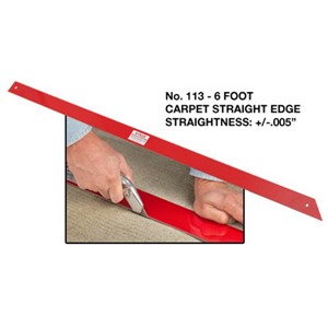 This six foot steel carpet straight edge is precision ground for straightness + /- .005&quot; at the time of shipment. It provides the accuracy and durability needed for preparing carpet seam edges when it is necessary to cut them from the carpet&#39;s backing. This straight edge includes a 45 degree angle on one end and a hanging hole. Finished with red paint to help prevent rust. Dimensions: 6&#39; long x 3&quot; wide x 1/8&quot; thick.