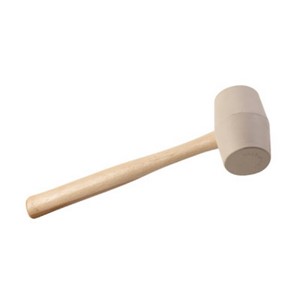 This 20 oz. rubber mallet is made with a white solid rubber head that is non-marking. It can be used to tap down metal moldings without concern for scuff marks, denting, or scratching. The head has two large hammering surfaces that spread the force of impact. Works well with stair tools to prevent glancing blows and deflection. The hardwood handle is contoured for gripping. Net weight: 20 oz