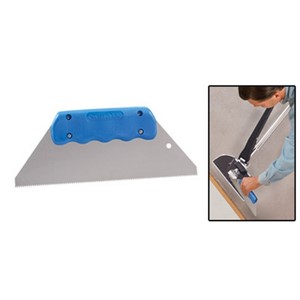 The notched carpet spreader is made from flexible steel. It can be used to press and hold the carpet in the gully at the tack strip while the stretch is released. This causes the carpet&#39;s backing to set better on the pins of the tack strip. The blade of this spreader is flexible enough that it can also be used in tight spaces as a glue spreading trowel. Notches are&#160;1/16&#160;inch x&#160;1/16&#160;inch &quot;U&quot;-type. The blue plastic handle is ergonomically contoured. Blade width: 12 inches. Net weight: 8 oz.