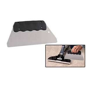 The plain carpet spreader is made with thicker 16 gauge plated steel without notches. It holds the carpet on the tack strip as the stretch is released for better setting of the pins into the carpet&#39;s backing. With no notches, the tool makes a better tucking tool. Push it down the wall with pressure on the handle, and it tucks the carpet without catching yarns. The thicker blade does not bend under load. The black plastic handle is ergonomically contoured. Blade width: 10 inches. Net weight: 8 oz.