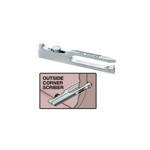 This precision outside corner scriber for use in forming outside corners on sheet vinyl, rubber base, and vinyl base. It scribes a line on the side of the corner that remains to be trimmed, using the opposite previously trimmed side as a guide. The guide leg has a rounded end for following the contour without scratching. The guide leg is adjustable in relation to the needle to compensate for various material thicknesses, and is held in place by a knurled steel fastener. The needle height is also adjustable for various material thicknesses. The scribing needles are replaceable (No. 128). Net weight: 1 oz.
