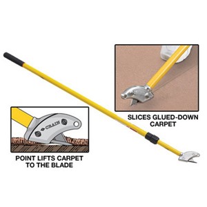 The Stand-Up Cutter slices glued-down carpet into narrow strips for faster removal, and works great for rapid rough cutting of carpet off the roll. It comes with a sharp, hardened steel point with a precision-machined slot for guiding a utility blade. The point easily punctures the glued-down carpet for fast starts. Afterwards, as the point is pushed, it rides on the subfloor and lifts the carpet to the utility blade where it is cut. The heavy-duty fiberglass handle telescopes in length from 50&quot; to 85&quot; to maintain optimal cutting angle, and double locks for safety.