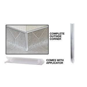 These silver metal corners cover a sheet vinyl outside corner. They cover up problems at the corner, and are an excellent solution for repairs. They are made approximately 6 inches long to cover the corner from floor height up to 6 inches if necessary. The bottom portion is contoured to the shape of a standard cove. They are easily trimmed to a shorter height using a pair of snips. They can be adhered to vinyl, linoleum, or like sheetgoods using a hot glue gun.