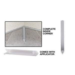 These silver metal corners cover a sheet vinyl inside corner. They cover up problems at the corner, and are an excellent solution for repairs. They are made approximately 6 inches long to cover the corner from floor height up to 6 inches if necessary. The bottom portion is contoured to the shape of a standard cove. They are easily trimmed to a shorter height using a pair of snips. They can be adhered to vinyl, linoleum, or like sheetgoods using a hot glue gun.