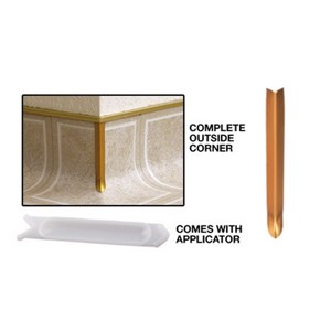 These gold metal corners cover a sheet vinyl outside corner. They cover up problems at the corner, and are an excellent solution for repairs. They are made approximately 6 inches long to cover the corner from floor height up to 6 inches if necessary. The bottom portion is contoured to the shape of a standard cove. They are easily trimmed to a shorter height using a pair of snips. They can be adhered to vinyl, linoleum, or like sheetgoods using a hot glue gun.