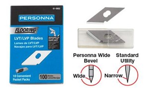 These specialty blades for No. 285 Personna LVT/LVP Knife feature a wide beveled edge that scores smoothly with less resistance than utility blades. Utility blades, by comparison, have a sharp bevel that can slice too deep and stick. No. 286C is a pack of 100 blades, including 10 plastic &quot;pocket packs&quot; of ten blades each. The plastic pocket packs are helpful for sharing with a helper or storing blades in a pocket. Blade dimensions: length: 1.625&quot;, width: .75&quot;, thickness: .025&quot;. Pack weight 10 oz.
