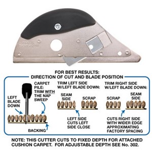 This cutter trims seam edges for better seams. The precision blade pockets on both left and right sides hold the slotted razor blades without screws. The 30 degrees  blade angle cuts attached cushion carpets cleanly. The front guide is beveled to follow the carpet&#39;s rows. The soft grip handle provides comfort and control. Takes Crain Blades: slotted razor (Crain No. 308C).