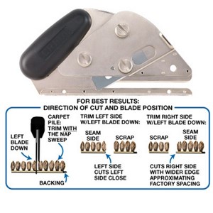 This cutter has a base for cutting over pad or other carpet that protects the material underneath. The blade carrier is adjustable in height so you can lock the beveled guide at just the right position to follow in the rows. The cutter has dual blade pockets on left and right sides, and a large thumb knob that tightens to lock in the blades.