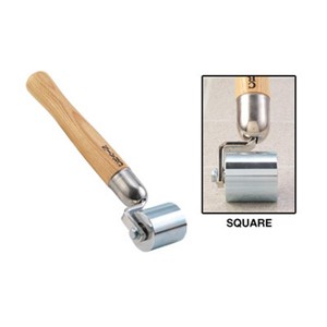 This hand roller for rolling vinyl at seams and other areas has a square edge solid steel roller and a longer nine inch varnished wood handle. The square edge on this roller and the offset, single arm bracket allow it to work up close to walls. The roller face has an ultra-smooth, zinc-plated surface finish to minimize scratching and indentations. Ball bearing construction produces a smooth rolling action that is designed to last. Net weight: 2 lbs.