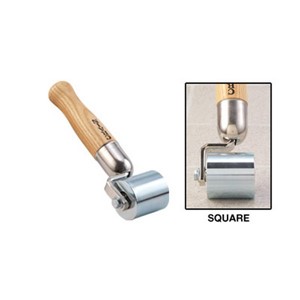 This hand roller for rolling vinyl at seams and other areas has a square edge solid steel roller and shorter six inch varnished wooden handle. The square edge on this roller and the offset, single arm bracket allow it to work up close to walls. The roller face has an ultra-smooth, zinc-plated surface finish to minimize scratching and indentations. Ball bearing construction produces a smooth rolling action that is designed to last. Net weight: 2 lbs.