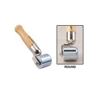 This hand roller for rolling vinyl at seams and other areas has a round edge solid steel roller and shorter six inch varnished wooden handle. The round edge on this roller allows it to work up close to vinyl flash coving, where a square edge roller can&#39;t go. The roller face has an ultra-smooth, zinc-plated surface finish to minimize scratching and indentations. Ball bearing construction produces a smooth rolling action that is designed to last. Net weight: 2 lbs.