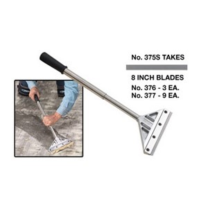 This shorter version of the popular Big Scraper has a wide 8&quot; blade for heavy removal work while kneeling. The telescoping tubular handle adjusts in lengths from 19&quot; to 26&quot; using a simple twist-lock mechanism. The scraper head is steel-reinforced, and the blade clamp is fastened to the head using four case hardened slotted head screws. Great for scraping wide sections of material from a kneeling position, but not for use as a heavy-duty prying tool. Comes with one No. 376 heavy-duty .037&quot; thick scraper blade, and a blade cover for storage. Replacement blades: No. 376 - 3 pack or No. 377 - 9 pack.