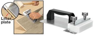Lifts the LVP plank to the angle where it can be tapped and locked tight. Large upper plastic block contacts just below the face of the plank, while a lower plastic contact plate slides out to contact the core. Comes with three 1mm shims and two 3mm shims. Works on planks and tiles up to 10mm thick.
