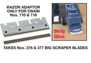 This adaptor accepts economical 8” long scraper blades for our No. 375 Big Scraper (No. 376 or No. 377), and then bolts onto the blade carrier for the No. 710 Power Stripper or No. 718 Power Scraper. Provides an excellent solution for light scraping work such as scraping up adhesive or sheet vinyl. The blade clamp is fastened on the holder using four hardened slotted head scraper screws. Durable heat-treated and plated alloy steel construction. Net weight: 1 lb.