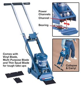 This stand-up scraper takes a wide 8&quot; blade for heavier removal work. The telescoping tubular handle adjusts in lengths from 39&quot; to 59&quot; using a simple twist-lock mechanism. The scraper head is steel-reinforced, and the blade clamp is fastened to the head using four case hardened slotted head screws. Great for stand-up scraping work, but not for use as a heavy-duty prying tool. Comes with one No. 376 heavy-duty .037&quot; thick scraper blade, and a blade cover for storage. Replacement blades: No. 376 - 3 pack or No. 377 - 9 pack. Net weight: 4.6 lbs.