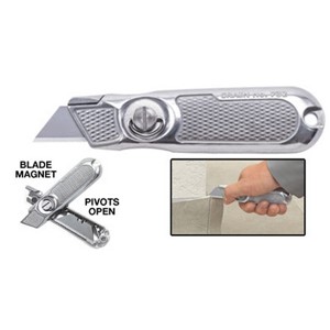 This utility blade knife has knurling up front as well as finger contours that provide better grip for precise cutting. Pivots open quickly for blade storage by loosening the folding thumb screw. Replacement blades are easily removed from the body with a teeter-totter action generated by internal ridges. Precision blade clamp holds tight and is magnetized for easier blade changes. Takes hook or utility blades.