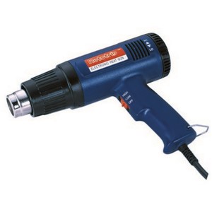 This inexpensive 1200 watt heat gun produces adjustable hot air from 250 degrees  - 1000 degrees F. Temperature is adjustable by turning a large knob at the back of the gun. A three- position switch controls the power and amount of air output at high, low or power off. The pistol-grip handle is designed to stand the gun upright to prevent damaging the floor. Net weight: 2 lbs.