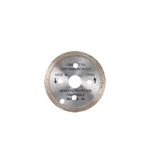 Accessory diamond blade for use on Crain Model No. 775, No. 785 or No. 795 Toe-Kick Saws. It is a 2-5/8&quot; diameter continuous rim dry cutting diamond blade for cutting ceramic tile, brick, concrete, stone, or for removing grout. It cuts to a fixed depth of 3/8&quot; using the saw. For best results, cut 6 feet maximum, then allow cooling. Do not overheat. Check that chicken wire or expanded metal has not been installed beneath the material to be cut. Avoid cutting wood particularly wood subfloors as this gums up the blade and shortens life - shim up the saw as necessary. Not for use in cutting any metals. Net weight: 2 oz.