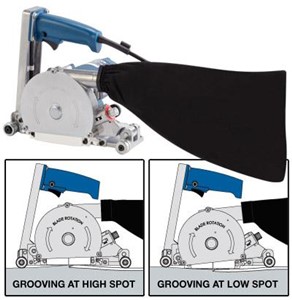 This tool tracks in the seamline to cut a trapezoidal groove for welding. It maintains consistent grooving depth even when floors are not level, up to 1/8&quot; of variation over one foot of seamline. The floor following wheel rides on the floor to raise or lower the blade in response to variation. A spring-loaded floor following dust shroud improves dust control. Includes a 12 tooth 130mm carbide-tipped blade (No. 971), and carrying case. Diamond grit blade for metal-impregnated safety floors is sold separately (No. 972). 110VAC 9A No load RPM 12,000. Max. groove depth 3.5mm. Net weight: 20.5 lbs.