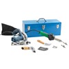 This kit includes the basic tools needed for vinyl welding, all at a great price! It includes: Crain No. 969 Head Weld Gun (including a Leister Triac ST heat gun, Crain No. 963 Pencil Tip Nozzle, Crain No. 961 Triangular Welding Tip, and the Crain No. 962 Round Welding Tip), Crain No. 968 Floor Following Power Groover, Crain No. 955 Pull Hand Groover, Crain No. 965 Skiving Knife w/Blade, Crain No. 340 Selvage Trimmer, Crain No. 370 Recess Scriber, Crain No. 189 Hook Handle Utility Knife, and stainless steel cleaning brushes. Comes complete with a metal carrying case that holds all the tools in the kit.