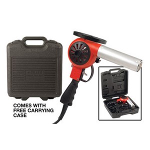 This flameless electric heat gun can deliver hot air up to 1000 degrees F for softening, forming, and more easily cutting sheet vinyl, VCT tile, and like materials. The adjustable intake cover controls output temperature between approximately 750 degrees F - 1000 degrees F. The high speed fan puts out 27 cubic feet per minute of hot air. The three way switch switches the gun between off, cold, or hot, with cold being used for properly cooling the element to extend its useful life. The replaceable mica element and brushes of this heat gun are some of the longest lasting available. Elements are easily replaceable without tools (replacement element: Part No. 1995-450). Comes with adjustable stand and protective carrying case. Operates on 120 Volts, 1800 Watts, 15 Amps.