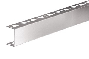 The Schluter-KERDI-BOARD-ZA is a U-shaped brushed stainless steel profile with two perforated sides designed to finish edges of partition walls, shelves, and similar structures made with KERDI-BOARD. Outside corner pieces, connectors and internal connectors are available.