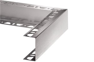 The Schluter-KERDI-BOARD-ZA is a U-shaped brushed stainless steel profile with two perforated sides designed to finish edges of partition walls, shelves, and similar structures made with KERDI-BOARD. Outside corner pieces, connectors and internal connectors are available.