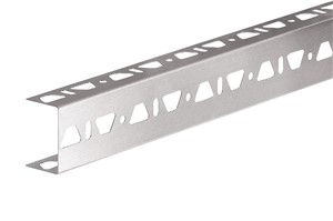 The Schluter-KERDI-BOARD-ZB is a U-shaped stainless steel profile with three perforated sides for the tiling and reinforcement of open-ended partition walls. It is used to fasten and stabilize partition walls and other structures made of KERDI-BOARD panels. The surfaces of the profile are hidden by the tile covering.
