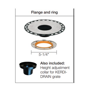 Schluter-KERDI-DRAIN is a floor drain with an integrated bonding flange that provides a large contact area for a secure connection to the KERDI waterproofing membrane at the top of the assembly. New! KERDI-DRAIN-STYLE is offered in three stylish designs: Floral, Curve, and Pure. Integrated sloped bonding flange available in ABS, PVC, or stainless steel allows for a secure, topical waterproofing connection. ABS and PVC flange have a 2&quot; or 3&quot; outlet. Stainless steel flange has a 2&quot; or 3&quot; no-hub outlet or a 2&quot; threaded outlet. Drain grate can be laterally adjusted to fit the layout of the tile grid and leveled to the tiled surface. Accommodates wide range of tile thicknesses: 1/4&quot; (6mm) to 1-1/4&quot; (32 mm). Adjustable grate in stainless steel or various finishes of anodized aluminum. Tamper proof screws and wrench also available.