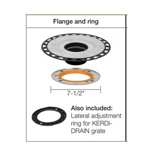 Schluter-KERDI-DRAIN is a floor drain with an integrated bonding flange that provides a large contact area for a secure connection to the KERDI waterproofing membrane at the top of the assembly. New! KERDI-DRAIN-STYLE is offered in three stylish designs: Floral, Curve, and Pure. Integrated sloped bonding flange available in ABS, PVC, or stainless steel allows for a secure, topical waterproofing connection. ABS and PVC flange have a 2&quot; or 3&quot; outlet. Stainless steel flange has a 2&quot; or 3&quot; no-hub outlet or a 2&quot; threaded outlet. Drain grate can be laterally adjusted to fit the layout of the tile grid and leveled to the tiled surface. Accommodates wide range of tile thicknesses: 1/4&quot; (6mm) to 1-1/4&quot; (32 mm). Adjustable grate in stainless steel or various finishes of anodized aluminum. Tamper proof screws and wrench also available.