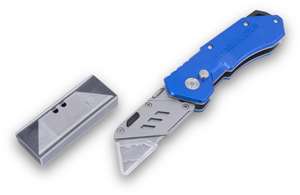The MARSHALLTOWN Folding Utility Knife comes with a quick change blade mechanism and safety lock-back system. It has an aluminum handle, zinc housing, and a stainless steel skeleton. The Folding Utility Knife includes a belt clip and comes with five blades.