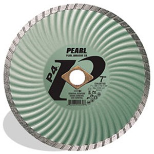 Pearl P4 SD Green waved turbo blades. Large 8mm diamond rim. Waved core design adds stability to the steel core, reduces friction, and removes the debris from the cutting path thus extending the blade life. Turbo rim for fast cut and minimal chipping. Designed to be used on a variety or materials including: granite, concrete, block, brick, natural stone, marble, refractory material, soft stone and sand stone. Use for wet or dry cutting.