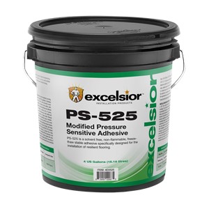 Excelsior PS-525 Modified Pressure Sensitive Adhesive is a trowel applied, increased grab, acrylic pressure sensitive adhesive used for the installation of LVT, LVP and approved Rubber flooring products over porous and non-porous substrates in indoor applications; it is a low odor, non-flammable, solvent-free and ready to use product.