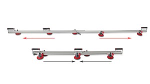 The transport system SLIM EASYTRANS is specially designed for the handling of porcelain sheets of large format and fine thickness up to 320 cm in length. The SLIM EASYTRANS can be used as a complement to the cutting systems for ceramic sheets: SLIM CUTTER and TC-125. It consists of a set of two extruded aluminum guides, retractable and adjustable from 160 to 320 cm. Thanks to the 10 suction cups, the setter can adjust the fixing points, ensuring the correct handling of the porcelain sheets. For a correct fixation of the system, we must check that the surface of the sheet is clean of dust or other debris. The suction cups of the SLIM EASYTRANS conveyor adapt to smooth surfaces as well as rough or slightly structured surfaces. The set has 4 handles (2 per guide) that can be adjusted and positioned over the entire length of the guide, facilitating and adapting the SLIM EASYTRANS at every moment to any format. The load capacity of the set is 60 kg. (standard equipment), but can be extended up to a maximum of 110 kg, incorporating, for each additional 10 kg, two additional suction cups.