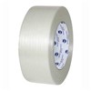A biaxially-oriented polypropylene (BOPP) film tape with fiberglass reinforcements and an aggressive ‘solventless’ pressure-sensitive rubber/resin adhesive. Provides excellent adhesion to kraft cartons bundling application.