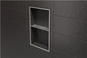 Schluter-SHELF-N is a wall storage system available in brushed stainless steel. The shelves are 5/32&quot; (4 mm) -thick and features designs coordinating with the Curve and Floral styles found in KERDI-DRAIN and KERDI-LINE drain grates. They can be used in showers and other tiled wall applications (e.g., kitchens and baths). SHELF-N is a rectangular shelf that fits the prefabricated Schluter-KERDI-BOARD-SN shower niche. It is installed in conjunction with the tile. Schluter-SHELF-N is a rectangular shelf that fits the prefabricated Schluter-KERDI-BOARD-SN shower niche.