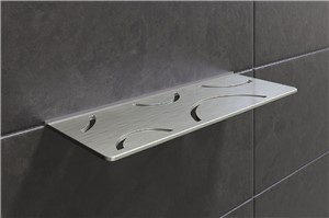 Schluter-SHELF-W is a wall storage system available in brushed stainless steel. The shelves are 5/32&quot; (4 mm) -thick and features designs coordinating with the Curve and Floral styles found in KERDI-DRAIN and KERDI-LINE drain grates. They can be used in showers and other tiled wall applications (e.g., kitchens and baths). SHELF-W is a rectangular shelf with two trapezoid-perforated anchoring legs for installation on walls in conjunction with the tile.