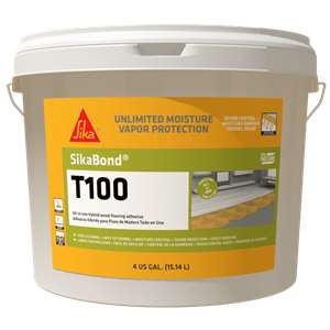 SikaBond-T100 is a one component, zero VOC, permanently elastic, super strong, very low permeability, moisture-cure, all-in-one hybrid polyurethane adhesive that offers unlimited moisture protection, crack bridging and sound reduction for full surface wood floor bonding.