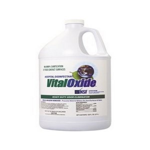 Vital Oxide is an EPA registered hospital disinfectant cleaner, mold killer, food contact surface sanitizer, and super effective odor eliminator. Ready to use or dilute per instructions, it can be sprayed, wiped, fogged or electrostatic sprayed. Non-irritating to the skin and non-corrosive to treated articles.